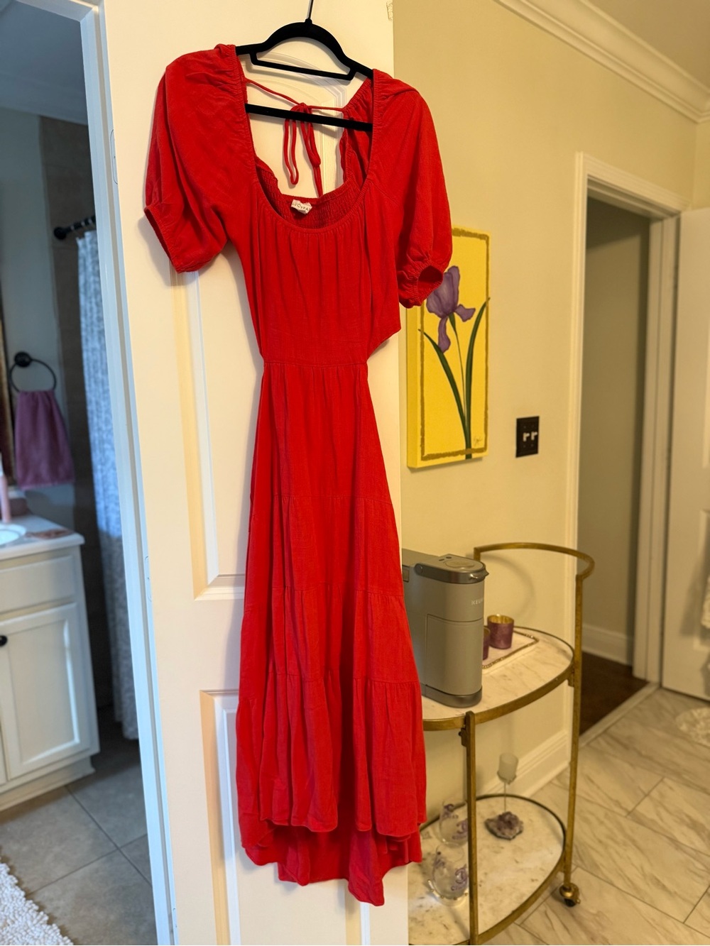 Lucy Paris Red Puff-Sleeve Maxi Dress with Tie-Back